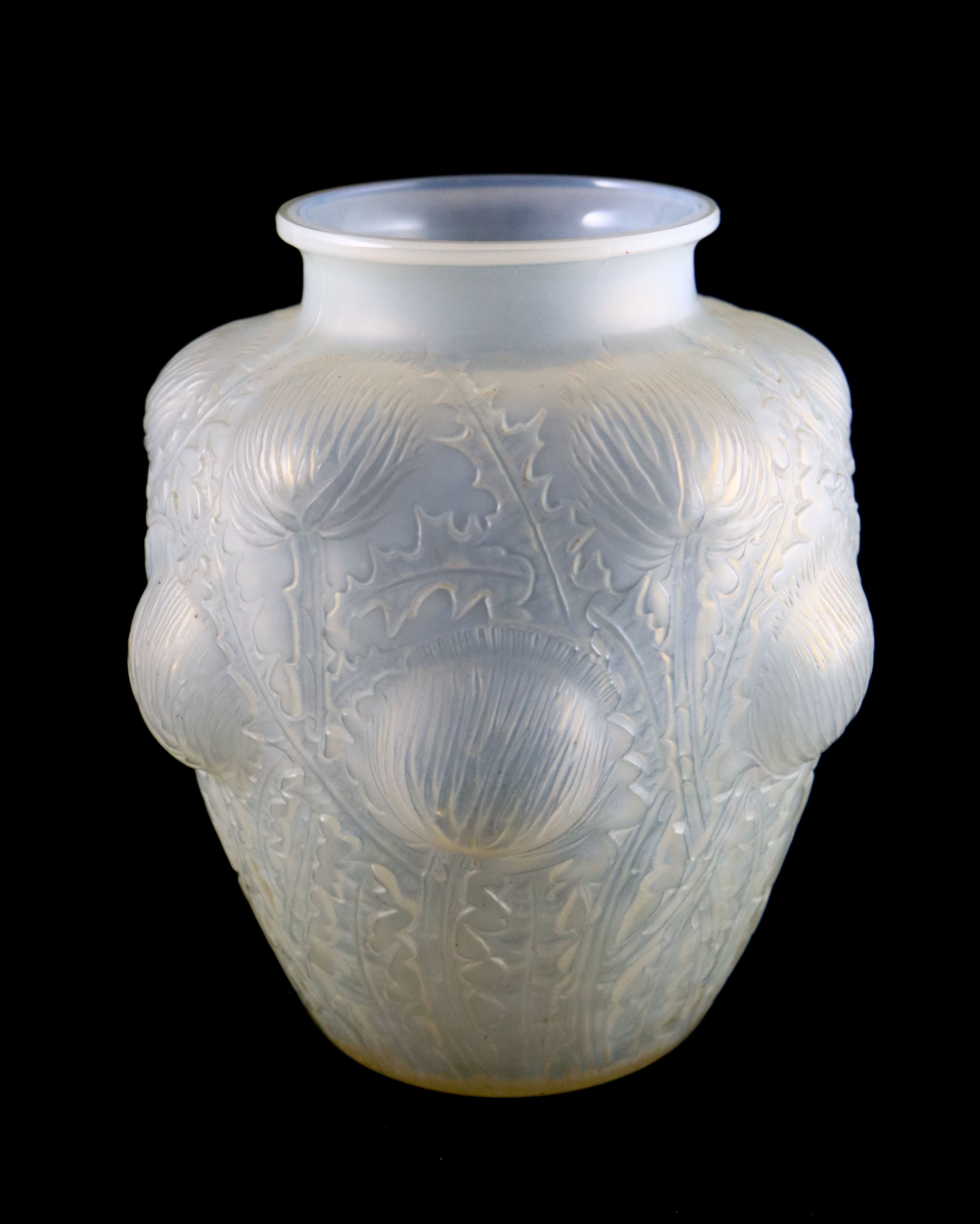 René Lalique. A pre-war pale opalescent and frosted glass Domremy pattern vase, no.979, designed in 1926, 21.5cm high